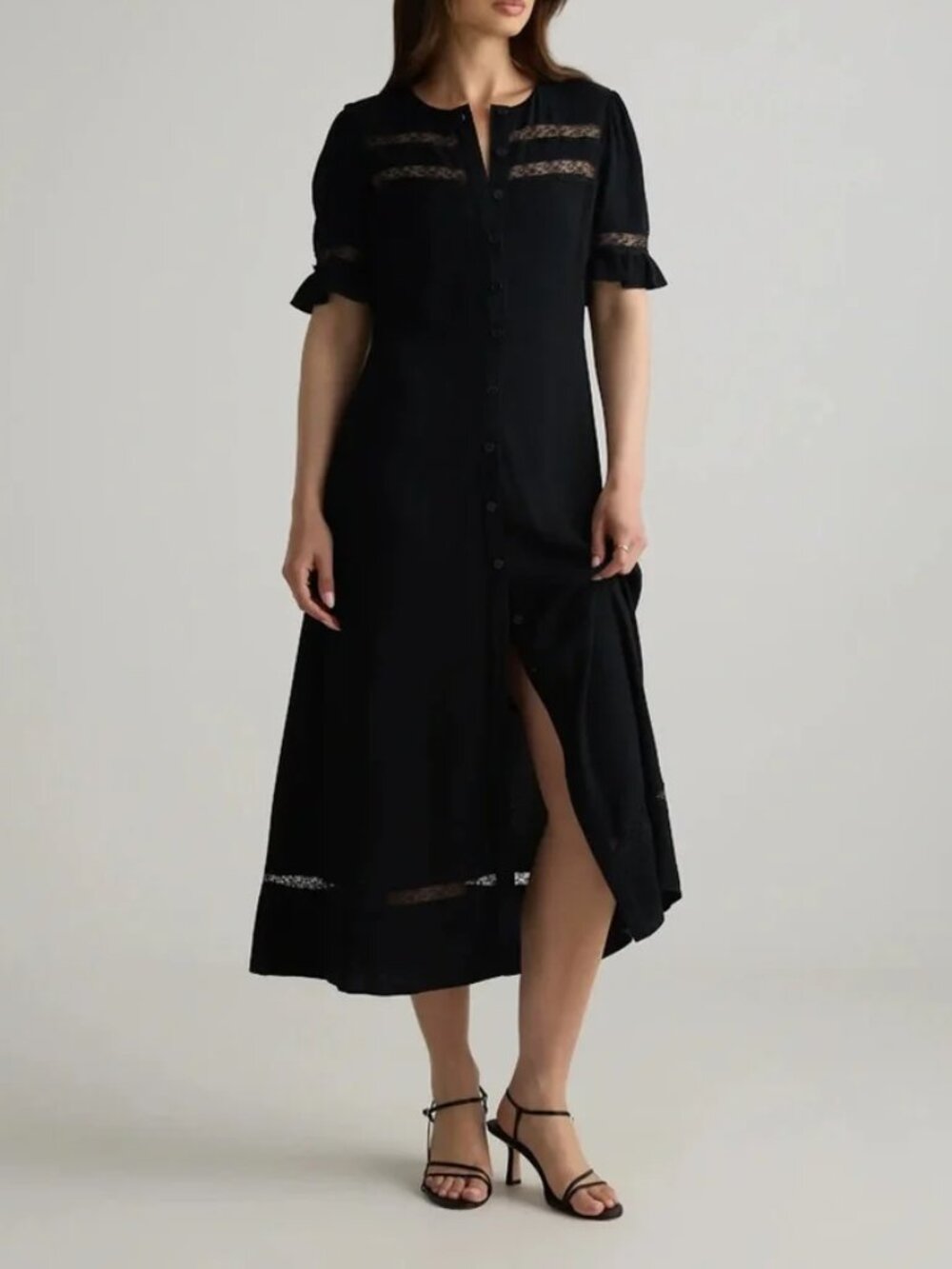 NEW Quince Lightweight Crepe Lace Inset Midi Dress Medium Black